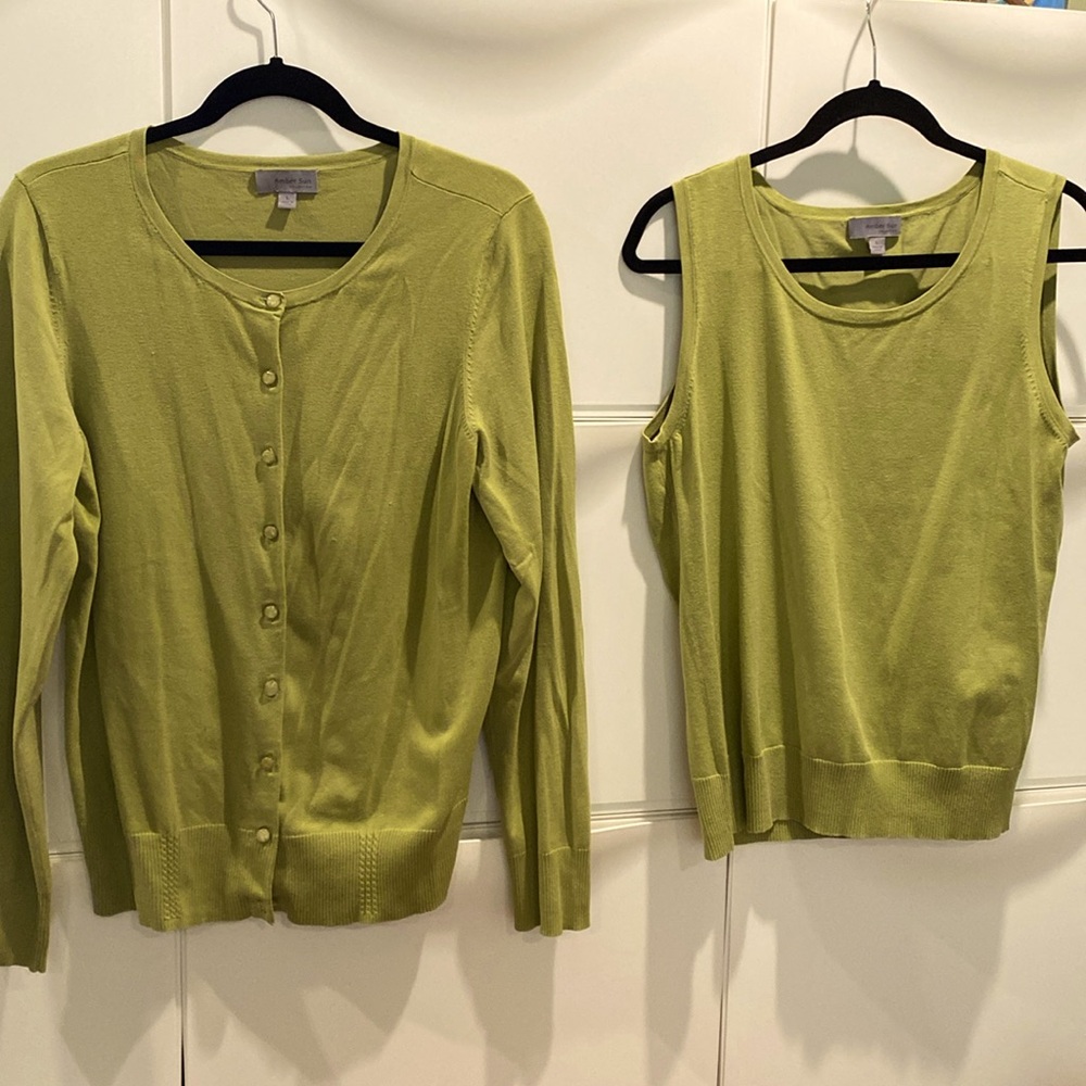 Olive sage green cardigan and matching shell. Perfect for Fall. Lightly worn.